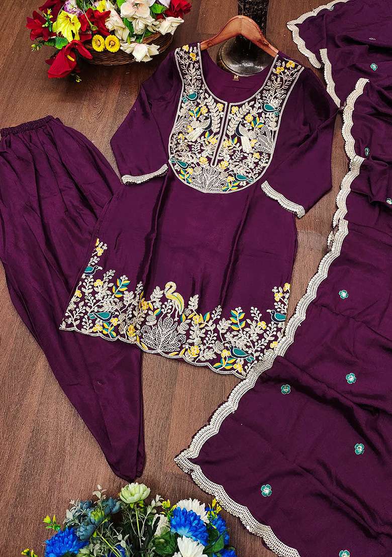 Wine Embroidered Chinon Punjabi Suit - Indya