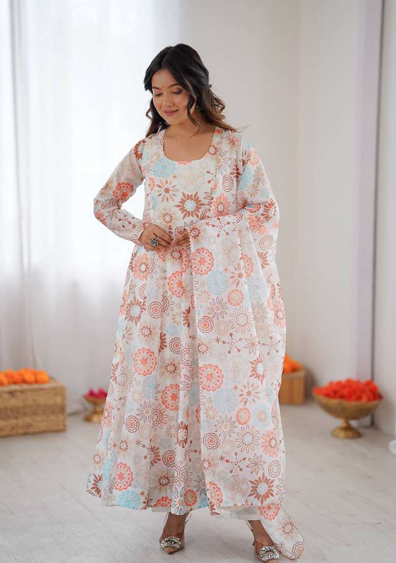 Multicolour Motif Organza Kurta Set - Indya
