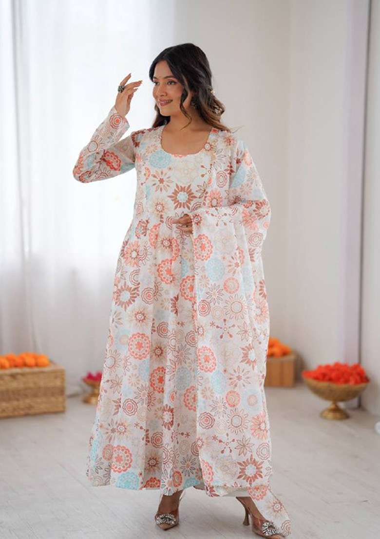 Multicolour Motif Organza Kurta Set - Indya