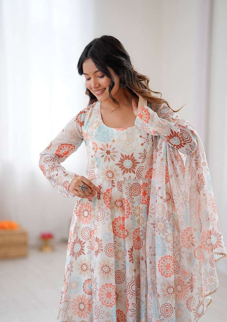 Multicolour Motif Organza Kurta Set - Indya