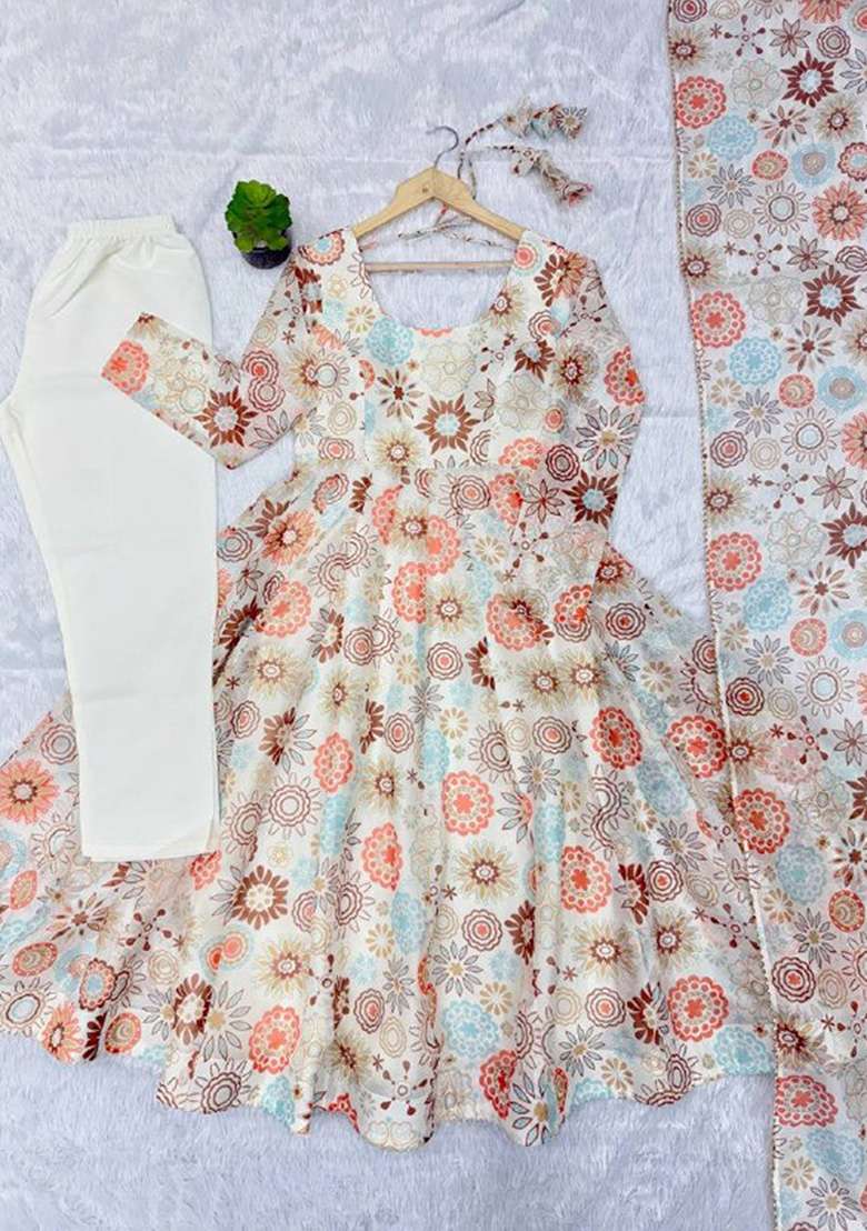 Multicolour Motif Organza Kurta Set - Indya