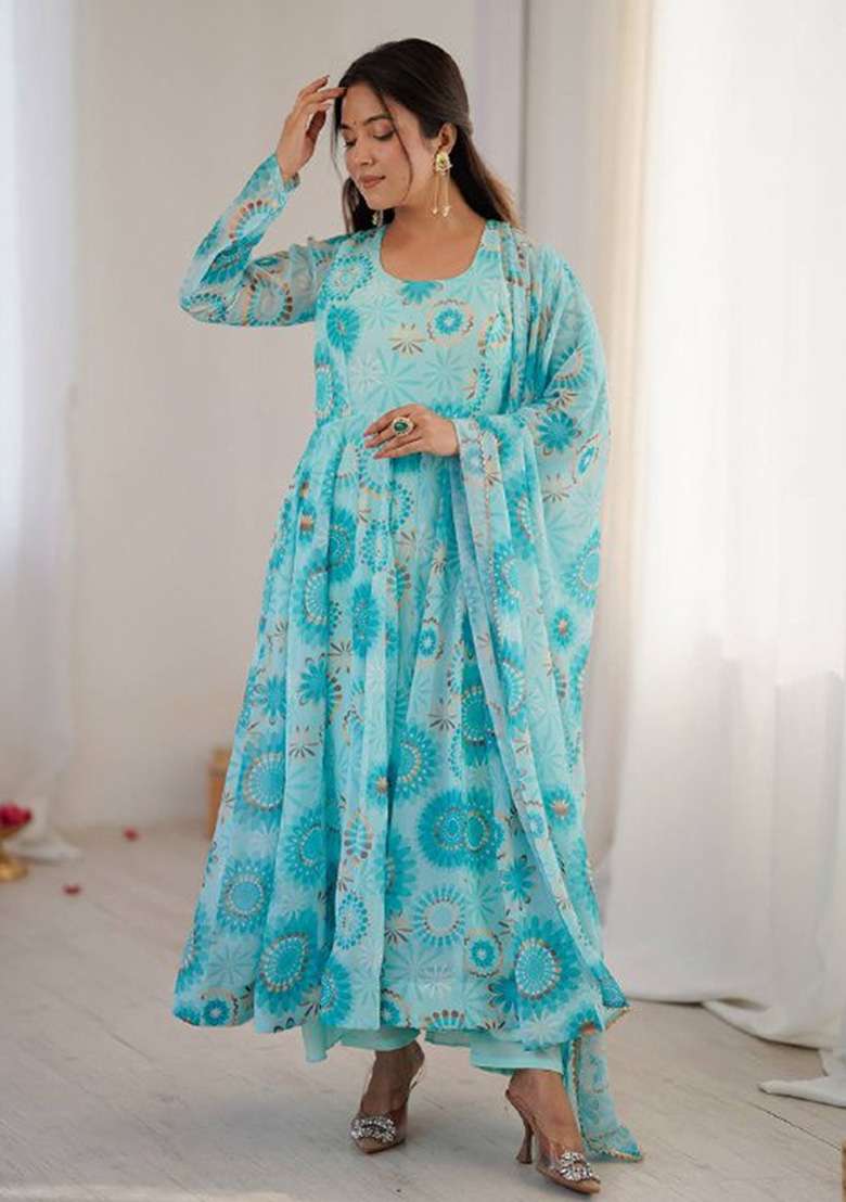 Multicolour Motif Georgette Kurta Set - Indya