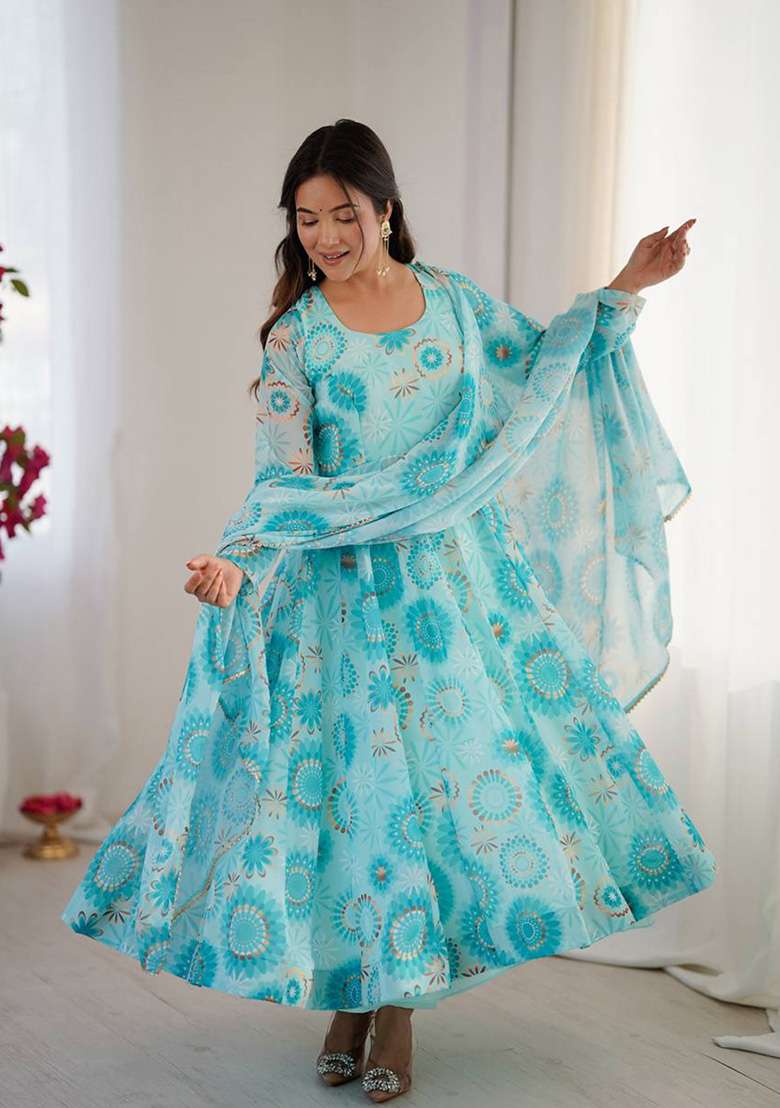 Multicolour Motif Georgette Kurta Set - Indya