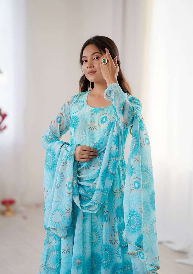 Multicolour Motif Georgette Kurta Set - Indya