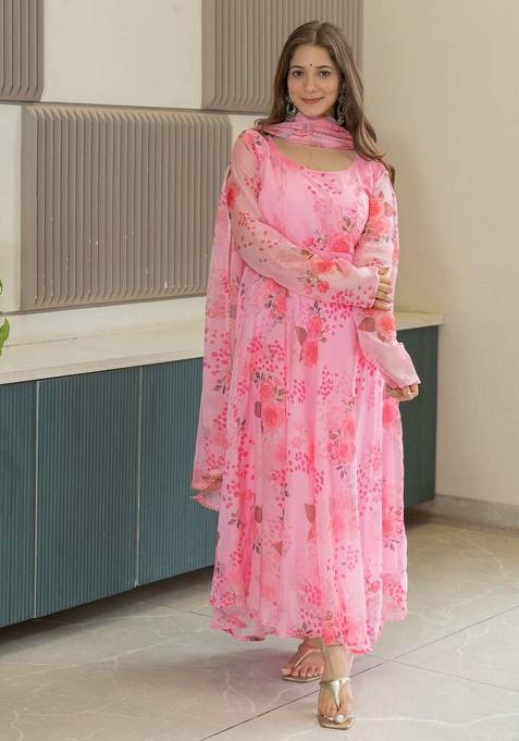Pink Motif Organza Kurta Set