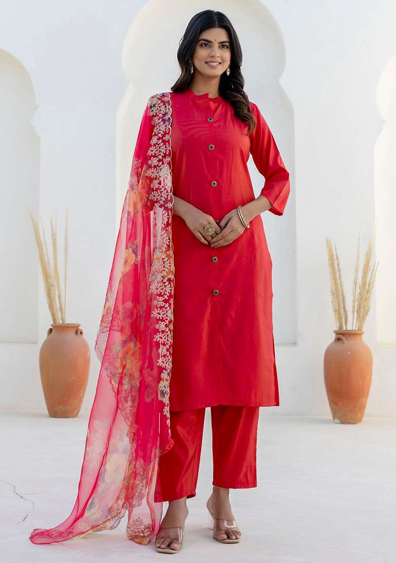 Rani Pink Solid Silk Blend Straight Kurta Set - Indya