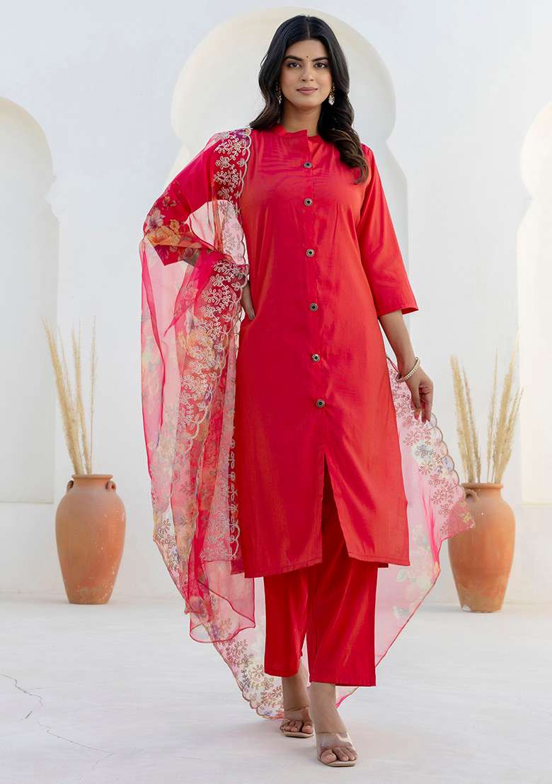 Rani Pink Solid Silk Blend Straight Kurta Set - Indya