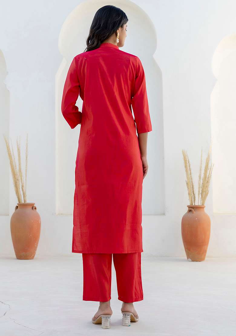 Rani Pink Solid Silk Blend Straight Kurta Set - Indya