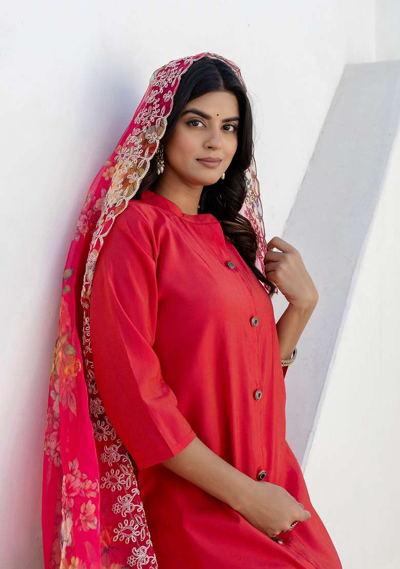Rani Pink Solid Silk Blend Straight Kurta Set - Indya