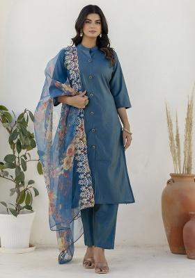 Teal Embroidered Silk Straight Kurta Set