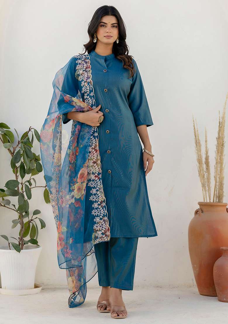 Teal Embroidered Silk Blend Straight Kurta Set - Indya