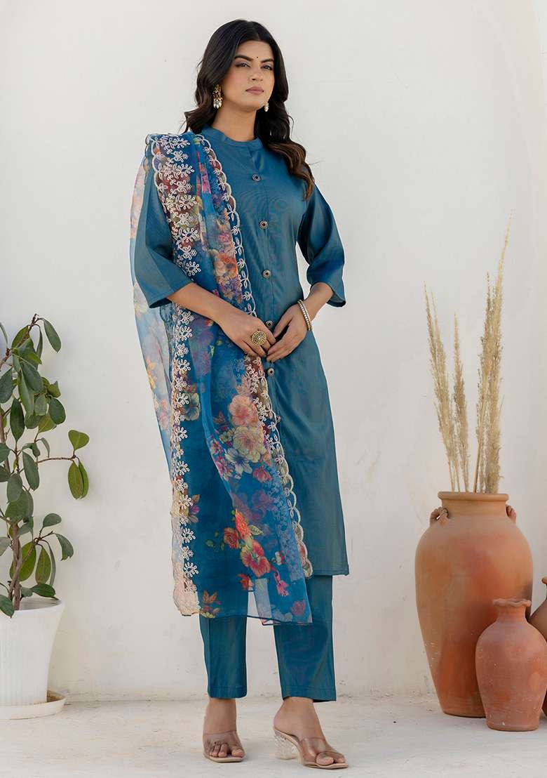 Teal Embroidered Silk Blend Straight Kurta Set - Indya