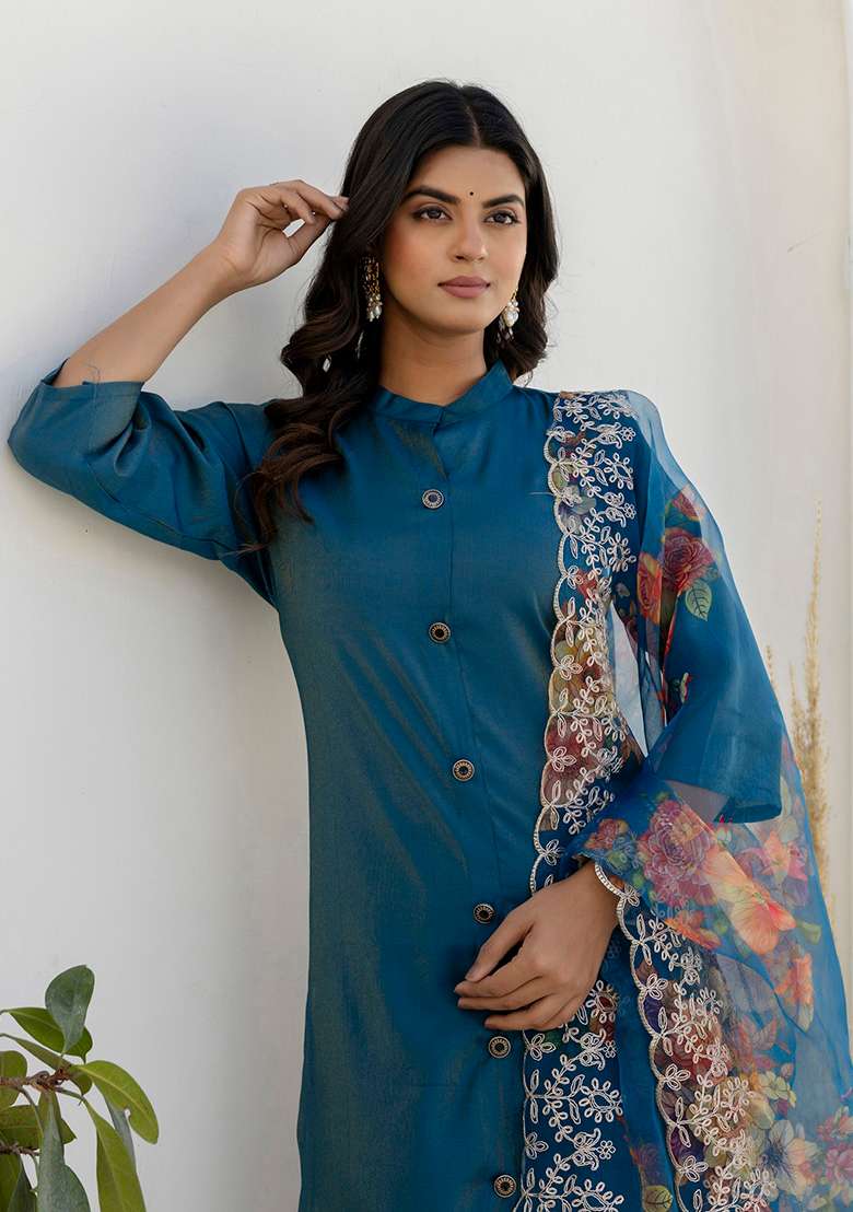 Teal Embroidered Silk Blend Straight Kurta Set - Indya