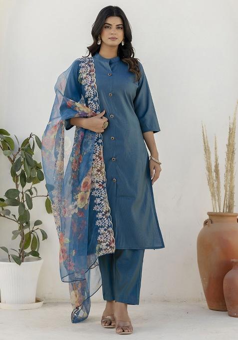 Teal Motif Silk Kurta Set