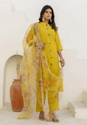 Yellow Solid Silk Blend Straight Kurta Set