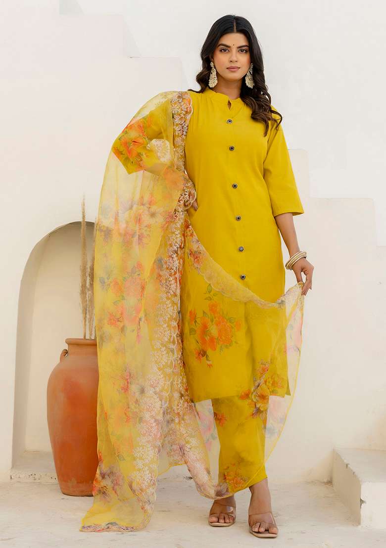 Yellow Solid Silk Blend Straight Kurta Set - Indya