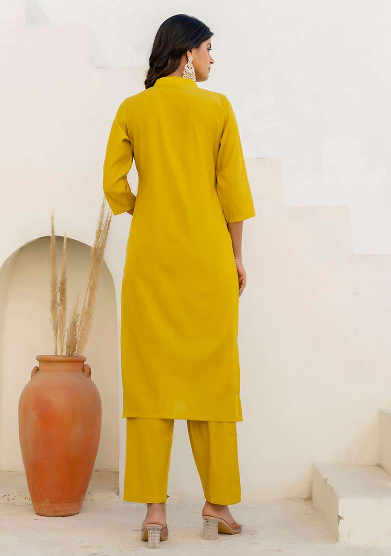 Yellow Solid Silk Blend Straight Kurta Set - Indya