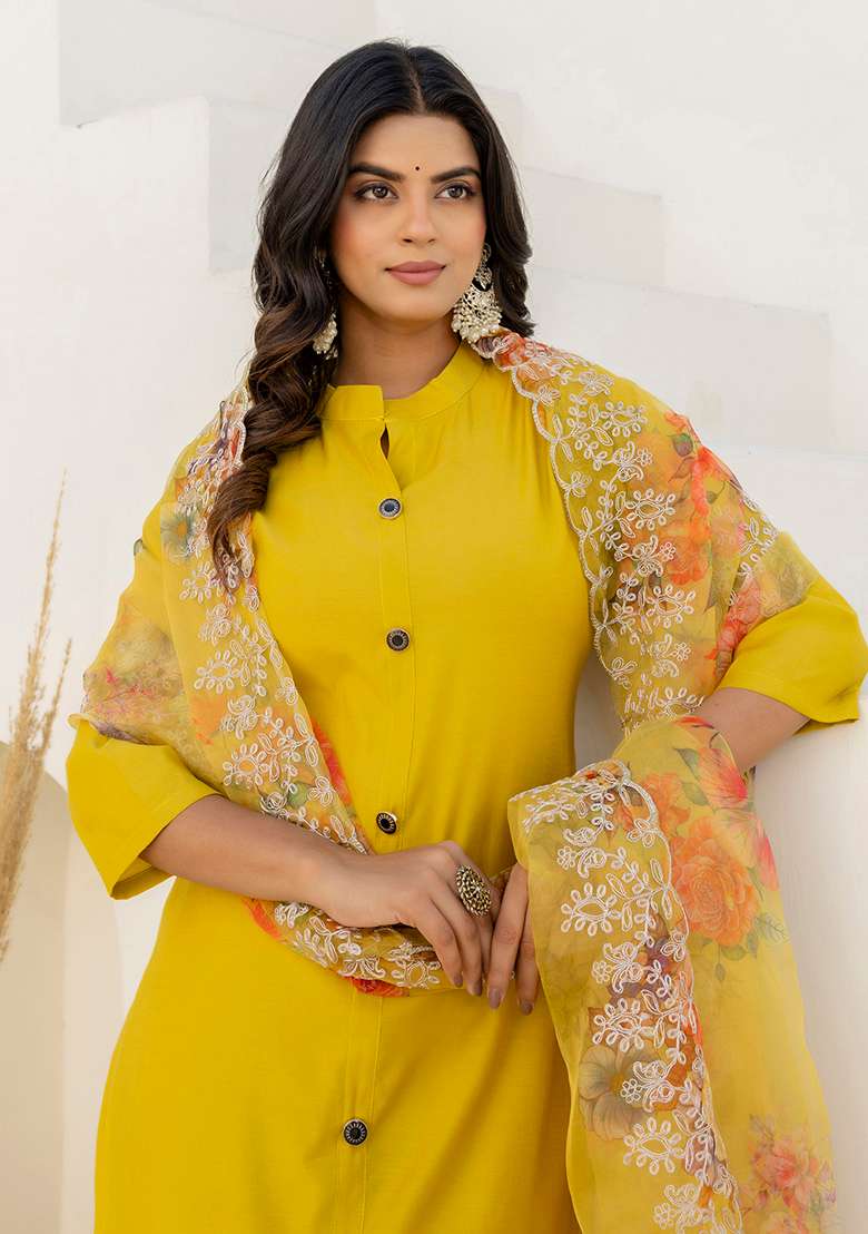 Yellow Solid Silk Blend Straight Kurta Set - Indya