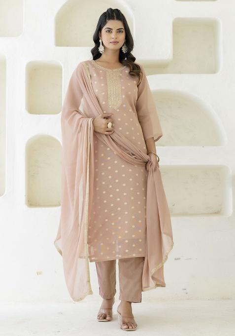 Peach Motif Silk Kurta Set