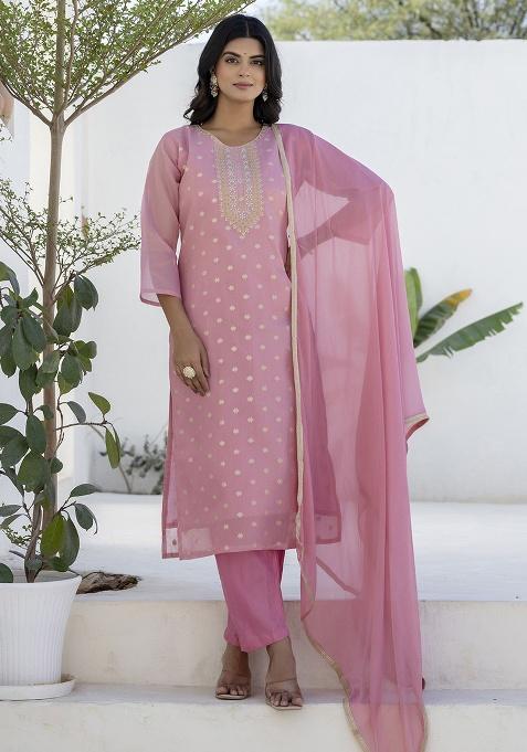 Pink Motif Silk Kurta Set