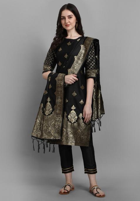 Black Motif Silk Kurta Set