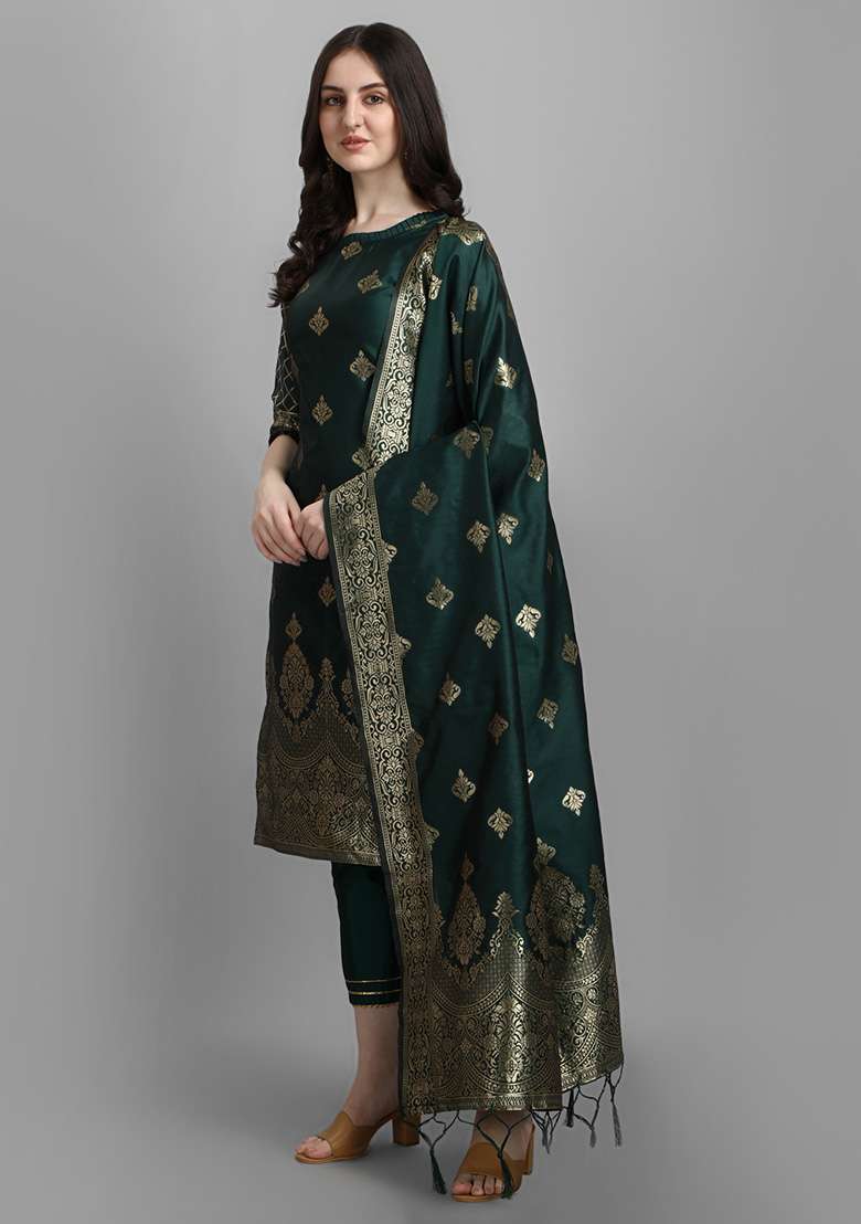 Green Jacquard Silk Blend Straight Kurta Set - Indya