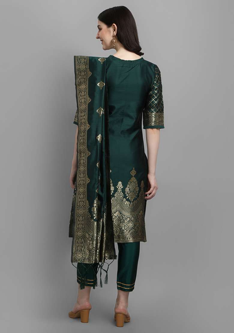 Green Jacquard Silk Blend Straight Kurta Set - Indya