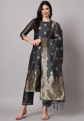 Grey Motif Silk Kurta Set