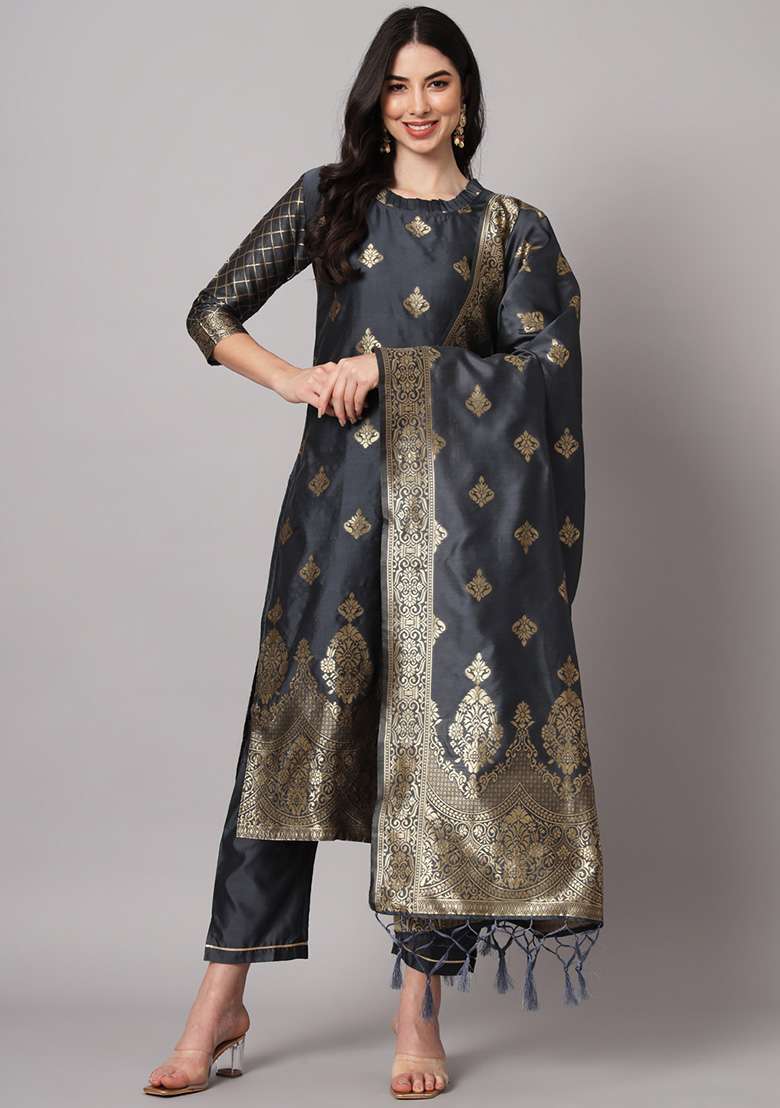 Grey Jacquard Silk Blend Straight Kurta Set - Indya