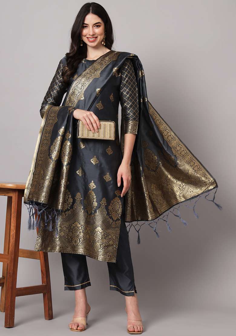 Grey Jacquard Silk Blend Straight Kurta Set - Indya