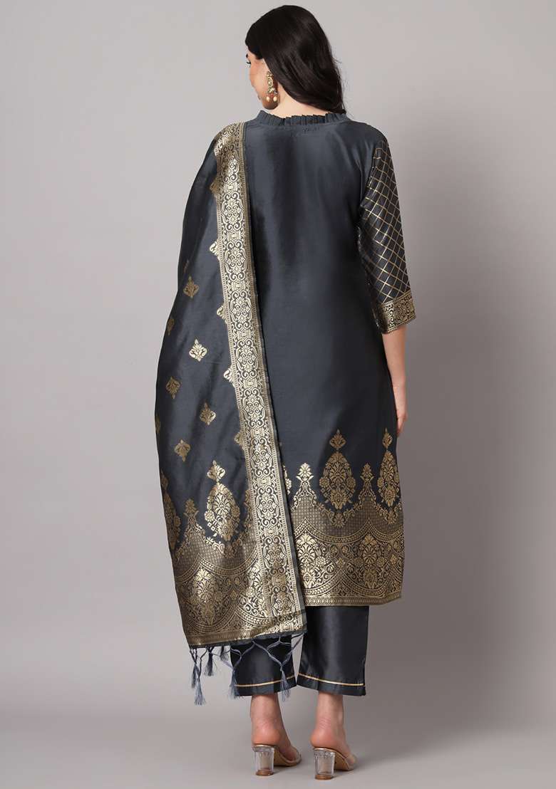 Grey Jacquard Silk Blend Straight Kurta Set - Indya