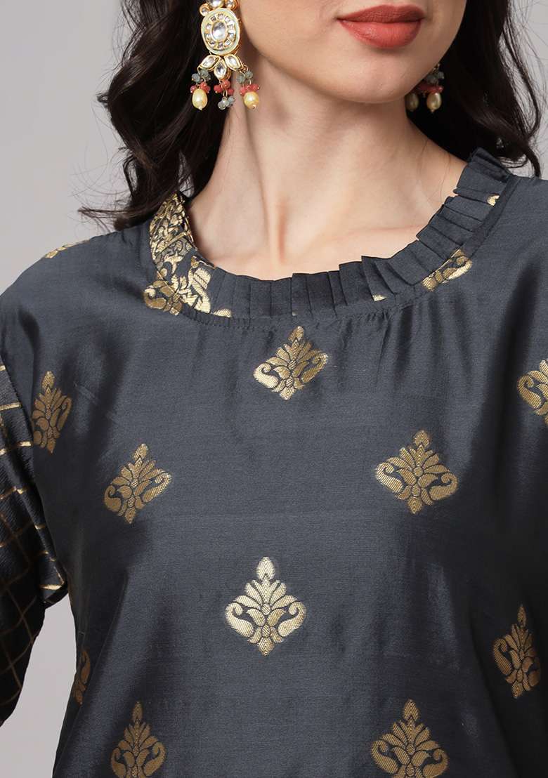 Grey Jacquard Silk Blend Straight Kurta Set - Indya