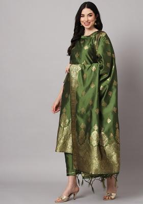 Mehendi Zari Work Silk Blend Straight Kurta Set