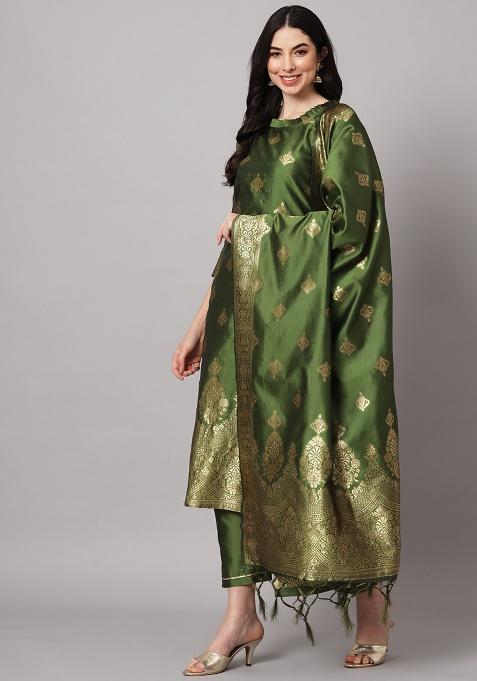 Mehendi Motif Silk Kurta Set