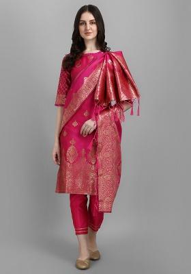 Pink Zari Work Silk Straight Kurta Set
