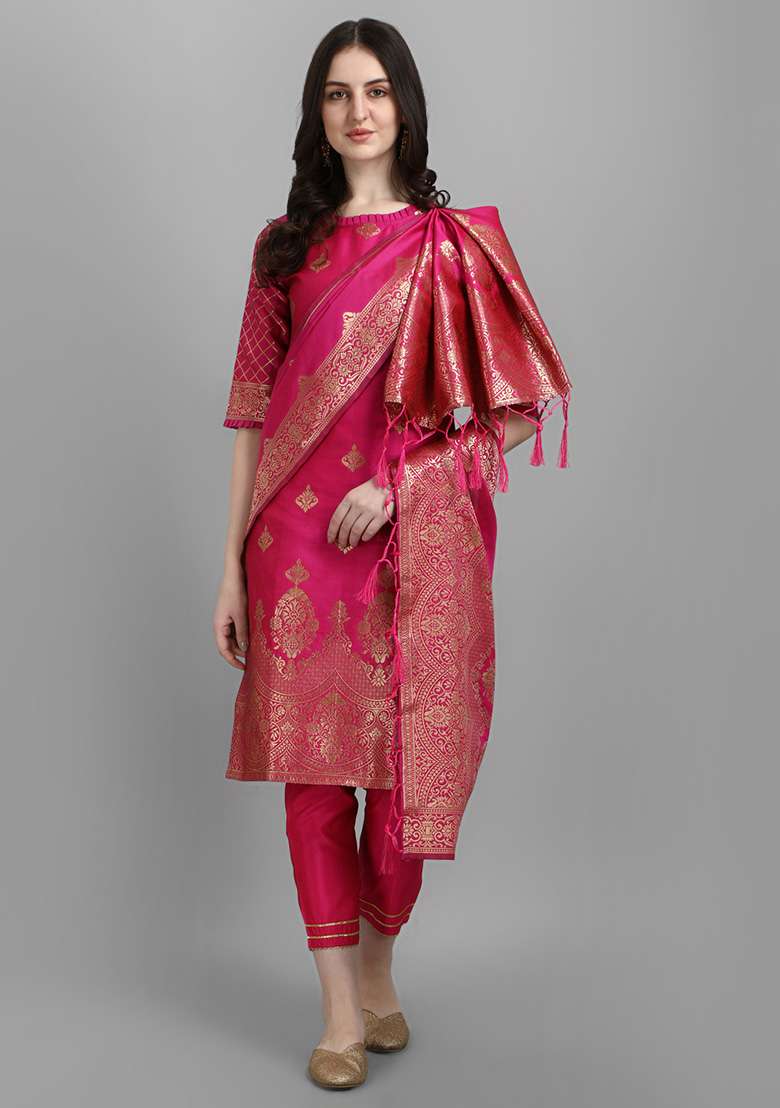 Pink Zari Work Silk Blend Straight Kurta Set - Indya