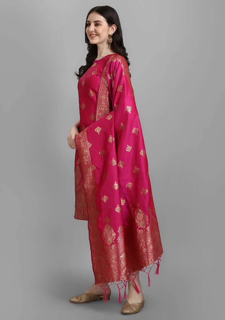Pink Zari Work Silk Blend Straight Kurta Set - Indya