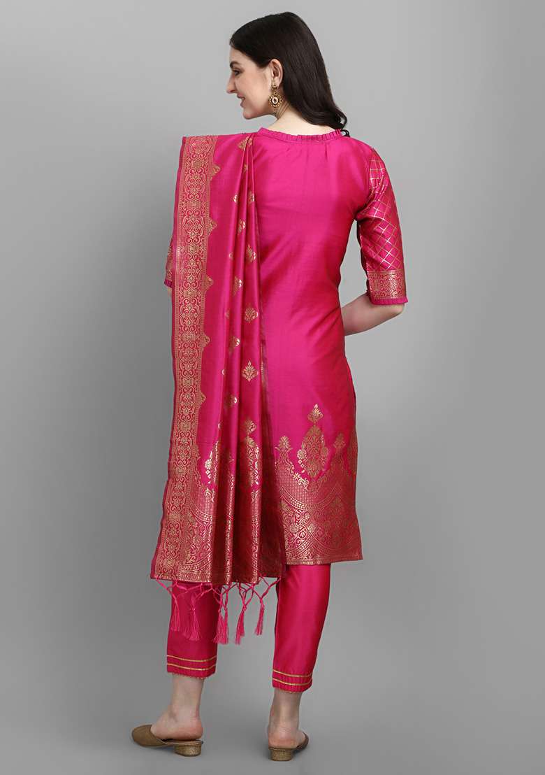 Pink Zari Work Silk Blend Straight Kurta Set - Indya