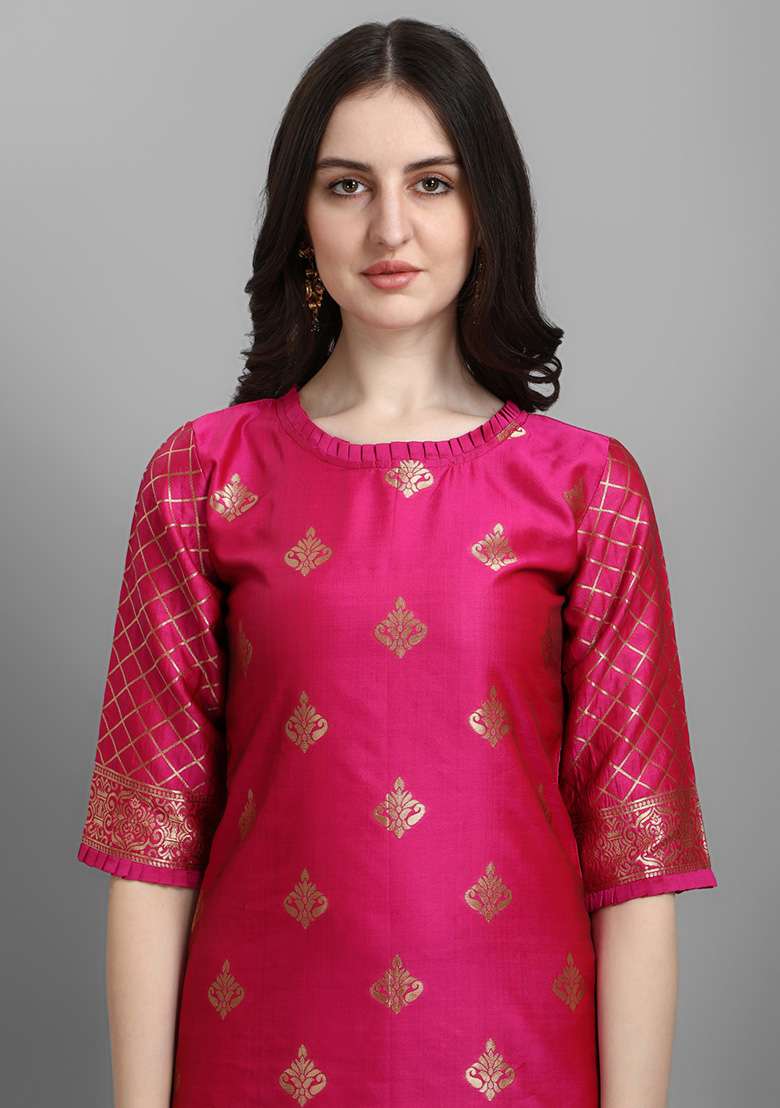 Pink Zari Work Silk Blend Straight Kurta Set - Indya