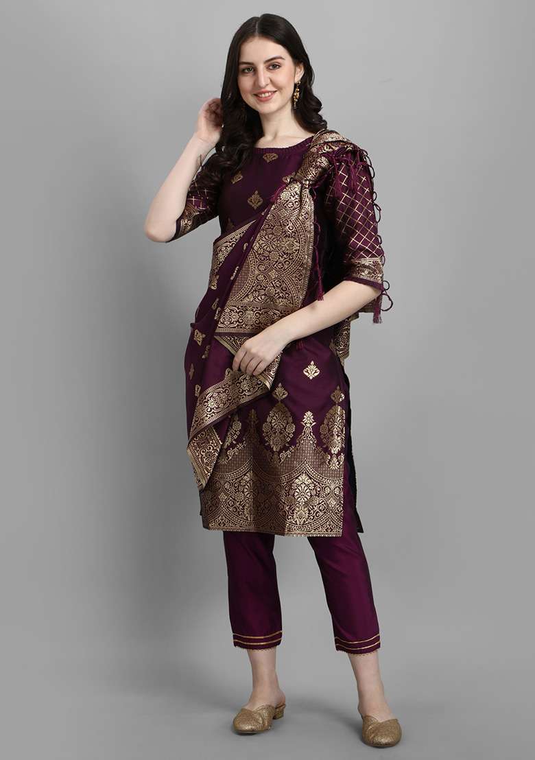 Wine Zari Work Silk Blend Straight Kurta Set - Indya
