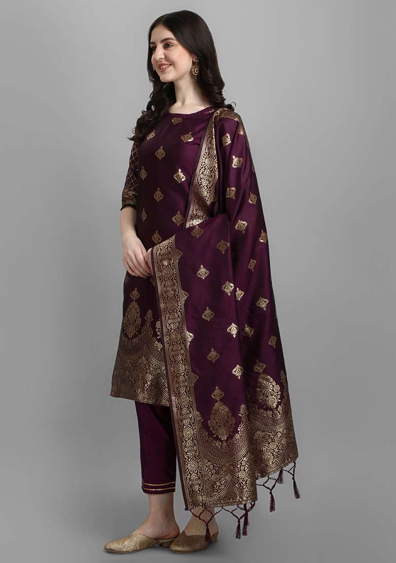 Wine Zari Work Silk Blend Straight Kurta Set - Indya
