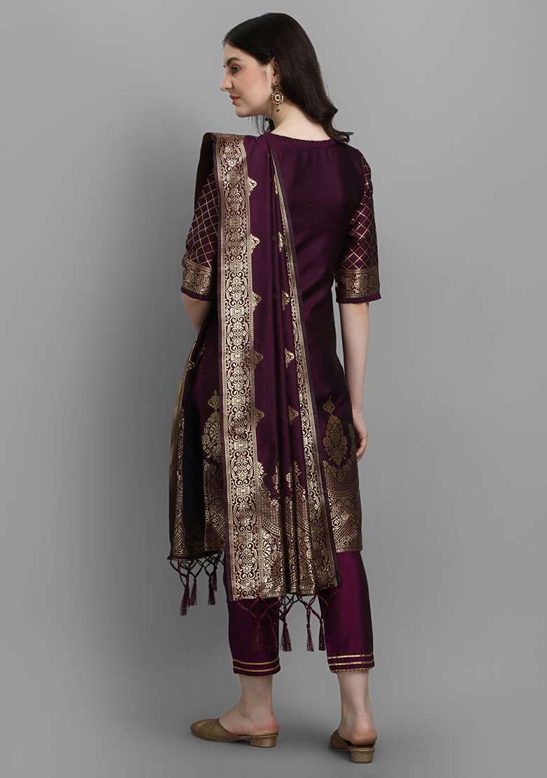 Wine Zari Work Silk Blend Straight Kurta Set - Indya