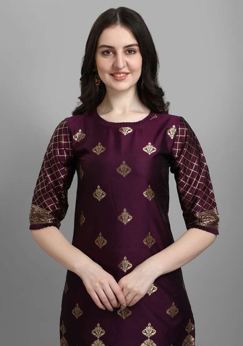 Wine Zari Work Silk Blend Straight Kurta Set - Indya