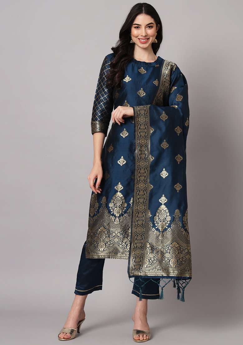 Blue Zari Work Silk Blend Straight Kurta Set - Indya