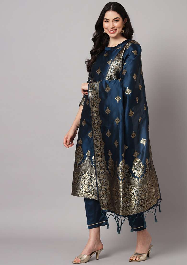 Blue Zari Work Silk Blend Straight Kurta Set - Indya