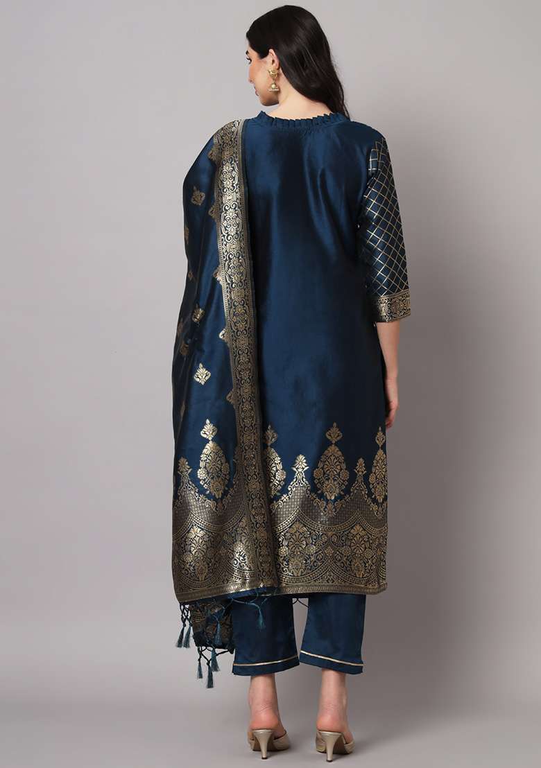 Blue Zari Work Silk Blend Straight Kurta Set - Indya