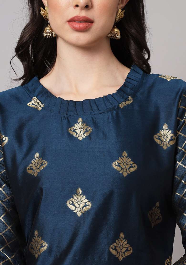 Blue Zari Work Silk Blend Straight Kurta Set - Indya