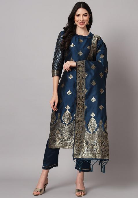 Blue Motif Silk Kurta Set