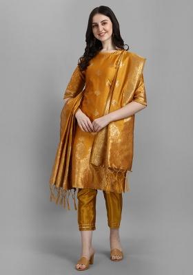 Yellow Jacquard Silk Straight Kurta Set