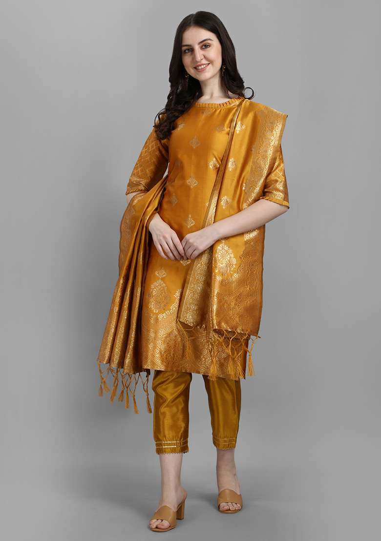 Yellow Jacquard Silk Blend Straight Kurta Set - Indya